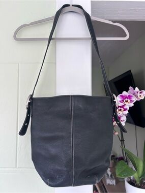 Black Pebbled Leather Shoulder Bag with Contrast Stitching